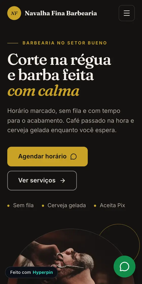 Exemplo de site gerado pelo Hyperpin: Barbearia (negócio fictício)
